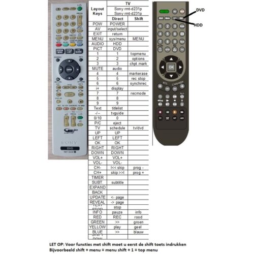 Afstandsbediening Sony rmt-d231p RDR-HX725 RDR-HX825 - Afbeelding 2